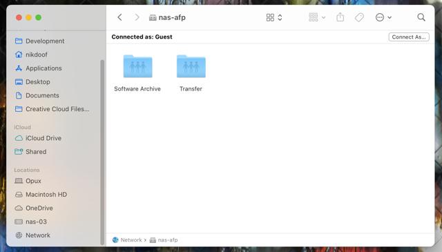 macOS Sonoma Finder showing the 'nas-afp' server and shares.